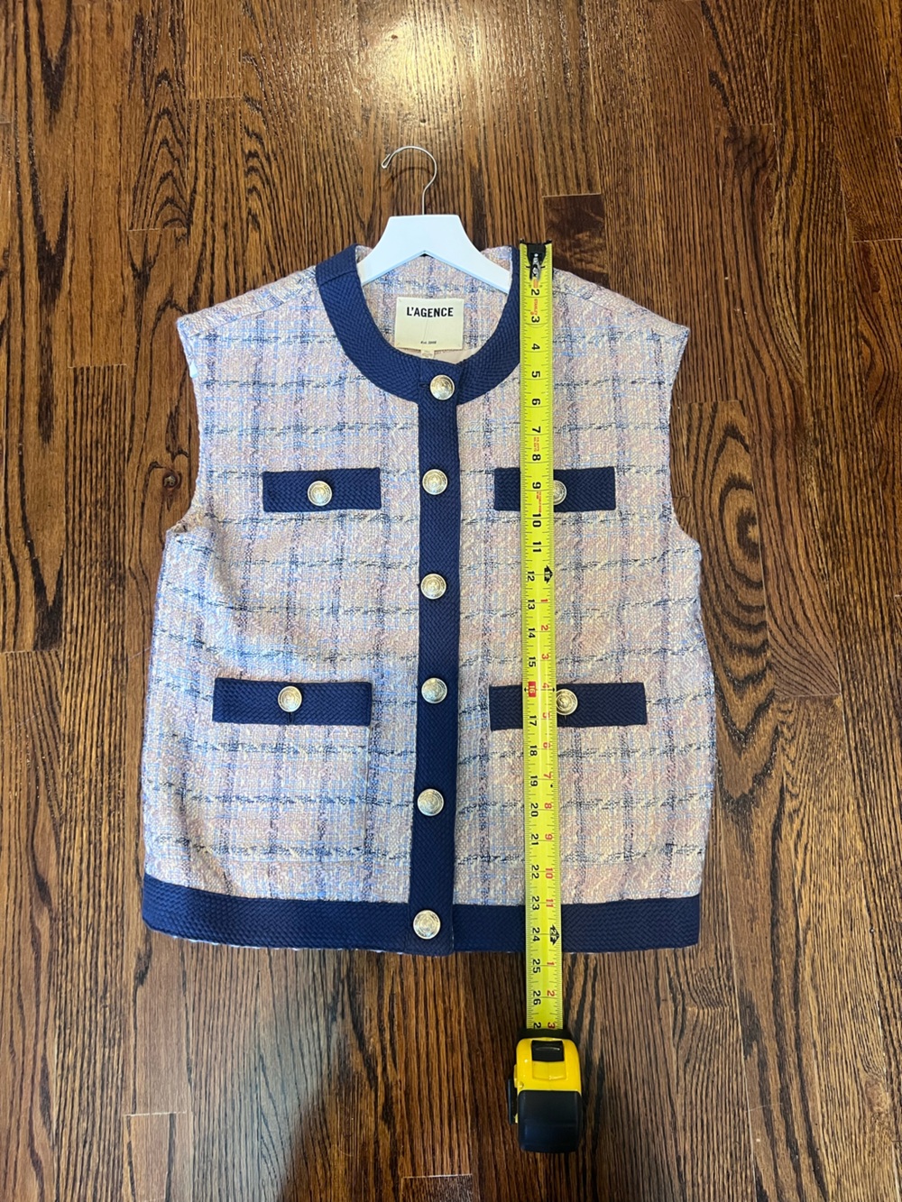 L'AGENCE Pink and Light Blue Tweed Vest with Navy Trim